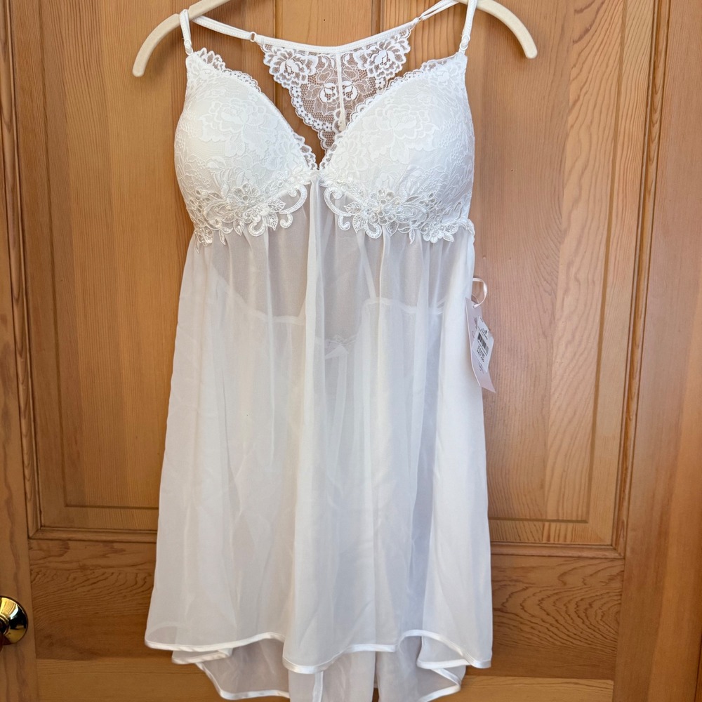 Linea Donatella Babydoll Set XL white Lace Pearl 2pc Lingerie